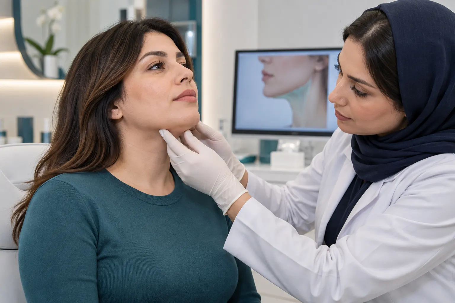 پزشک در حال بررسی فرم چانه، خط فک و ناحیه زیر چانه در جلسه مشاوره درمان غبغب