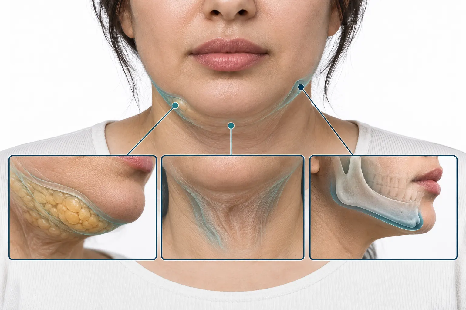 اینفوگرافیک تفاوت چربی زیر چانه، شلی پوست و ساختار چانه در ایجاد غبغب